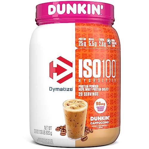 Dymatize ISO100 Hydrolyzed 100% Whey Isolate Protein Powder in Dunkin' Cappuccino Flavor, 25g Protein, 95mg Caffeine, 5.5g BCAAs, Gluten Free, Fast Absorbing, Easy Digesting, 21.5 Oz - Dunkin' Cappuccino flavor