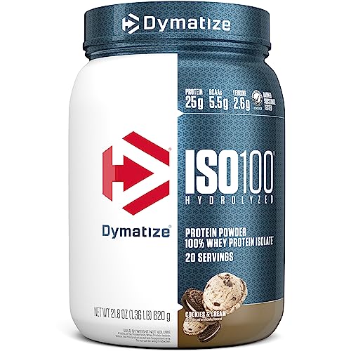Dymatize ISO100 Hydrolyzed Protein Powder, 100% Whey Isolate Protein, 25g of Protein, 5.5g BCAAs, Gluten Free, Fast Absorbing, Easy Digesting, Cookies and Cream, 20 Servings - Cookies & Cream