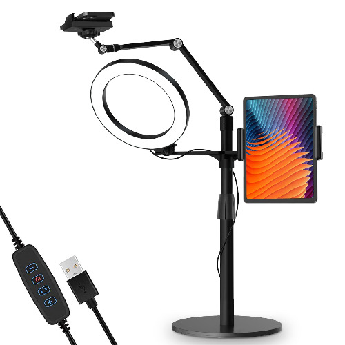 viozon 3-in-1 Selfie Desktop Live Stand, Height Adjustable/Overhead, 8" LED Ring Light, Compatible with 3.5-13" Tablet& Phone, Suitable for YouTube / Tiktok/Recording /Streaming/Online Meeting - 