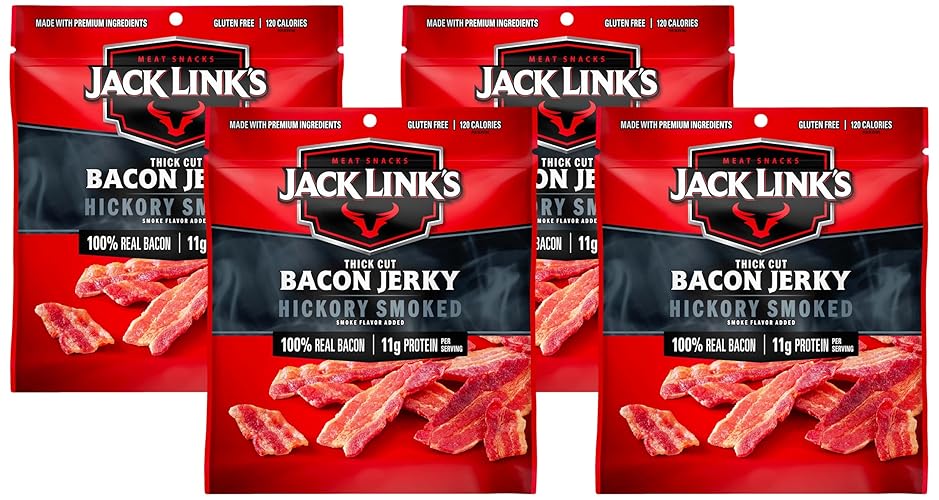 Jack Link's Bacon Jerky, Hickory Smoked, 2.5 oz. Bag - Flavorful Ready to Eat Meat Snack with 11g of Protein, Made with 100% Thick Cut, Real Bacon - Trans Fat Free (Packaging May Vary) (Pack of 4) - Bacon Jerky - 2.5oz (Pack of 4)