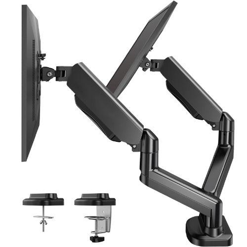 HUANUO Dual Arm Monitor Stand - Adjustable Gas Spring Computer Desk Mount VESA Bracket with C Clamp/ Grommet Mounting Base for 13 to 32 Inch Computer Screens - Each Arm Holds Up to 17.6lbs