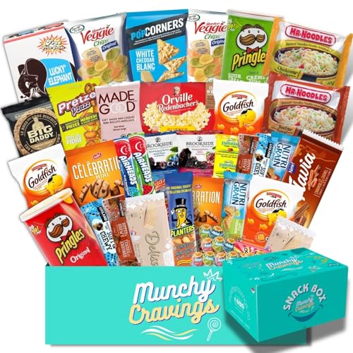 MunchyCravings Snack Box (35 Count) Healthy Variety Care Package for Adults & Teens – Includes Chips, Cookies, Bars – For Gift, Movie Night, Halloween