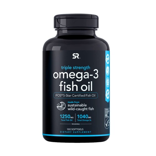 Sports Research Triple Strength Omega 3 Fish Oil - Burpless Fish Oil Supplement w/ EPA & DHA Fatty Acids from Wild Alaskan Pollock - Heart, Brain & Immune Support for Men & Women - 1250 mg Capsules - 180 Count (Pack of 1)