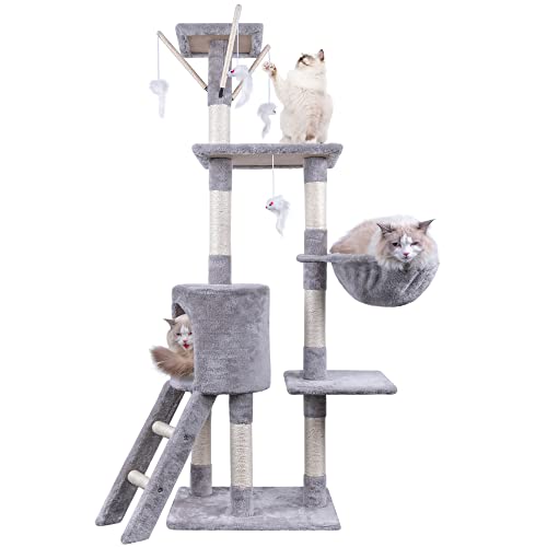 Cat Tree, 145cm Cat Scratch Posts Stable Cat Climbing Tower Multi-Level Cat Activity Trees for Indoor Cats, Pet Activity Furniture Play House for Kitty Kitten
