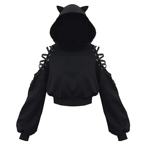 Cat Ear Hoodies for Teen Girls Bandage Colid Shoulder Crop Top Solid Color Pullover Sweatshirts for Women - Medium Black