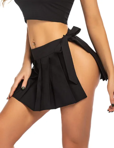 ADOME Women Pleated Mini Skirt Role Play Solid Lingerie Skirts - Dull Black Medium