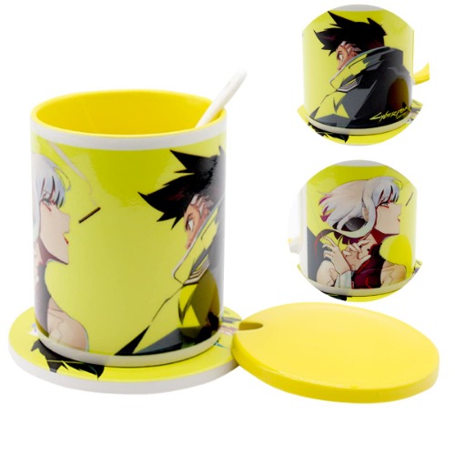 PPGOD Edgerunners: 16 oz Anime Mugs Adam Smasher mug & Rebecca coasters black Coffee Cup set (Yellow Cup Ceramic Coasters Lid Spoon) - Black Cup Ceramic Coasters Lid Spoon