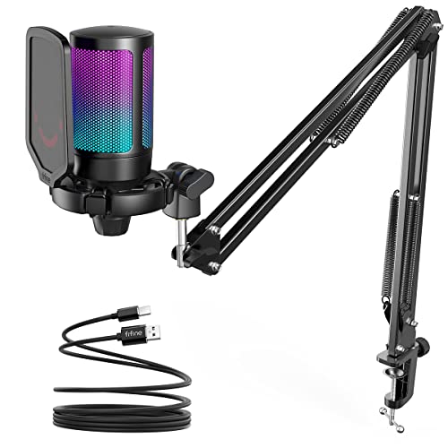 FIFINE Gaming PC USB Microphone, Podcast Condenser Mic with Boom Arm, Pop Filter, Mute Button for Streaming, Twitch, Online Chat, RGB Computer Mic for PC Gamer Youtuber-AmpliGame A6T - Black