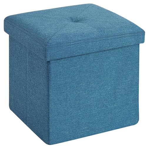 VECELO Storage Ottoman, 11.8'' Folding Footstools, Multipurpose Foot Rest Stool, Foldable Linen Fabric Ottomans, Small Square Ottoman Cube for Living Room/Bed Room/Dorm, Blue - 11.8 x 11.8 x 11.8 Inches - Blue