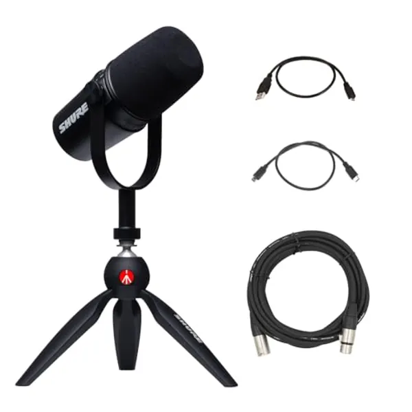 Shure MV7 Podcast Microphone Kit with Mini Tabletop Tripod Bundled with 20Ft XLR Microphone Cable (2 Items)