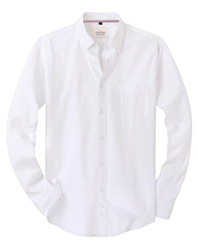 J.VER Men's Long Sleeve Oxford Shirt Casual Plain Smart Non Iron Button Down Shirt with Pocket - M - Oxford White