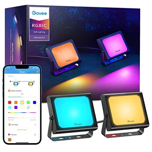 Govee Flood Lights Outdoor 2 Pack, 2200-6500K Dimmable RGBIC Warm White and Daylight, Smart WiFi APP Control, Work with Alexa, IP66 for Garden Lawn - 2 Packs