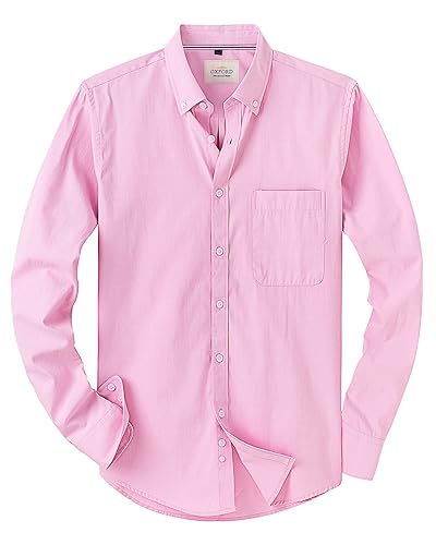 J.VER Men's Long Sleeve Oxford Shirt Casual Plain Smart Non Iron Button Down Shirt with Pocket - M - Casual Pink