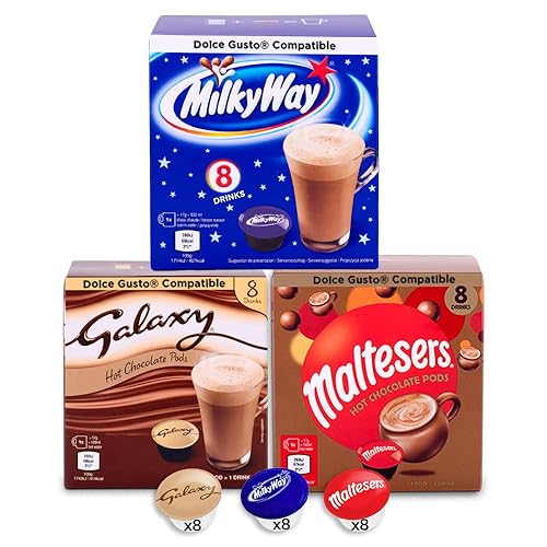 Caffeluxe| Galaxy, Milky Way & Maltesers Hot Chocolate | 8 Pods of Each Flavour | 24 Drinks - Dolce Gusto Compatible Pods (Galaxy, Malteser, Milkyway) - Galaxy, Malteser, Milkyway - 8 Count (Pack of 3)