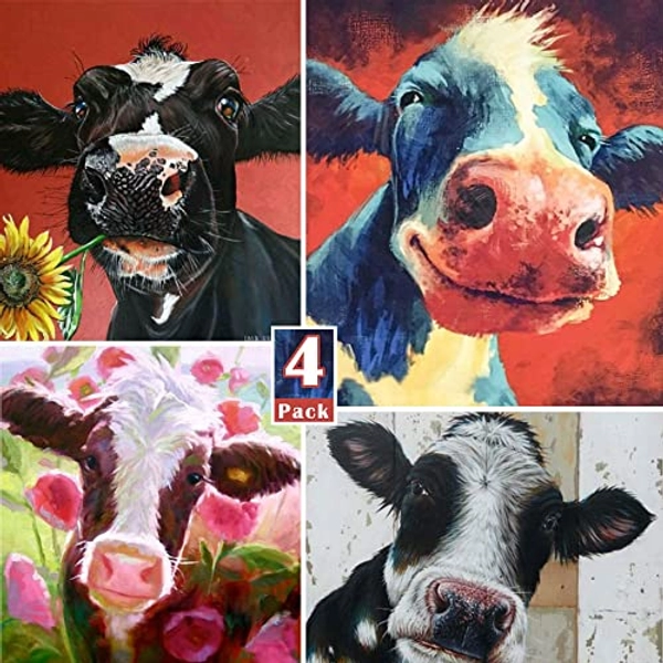 DIY 5D Colorful Cows Diamond Painting by Number Kits, for Adults & Kids, 4 Sets Full Drill Rhinestone Embroidery Cross Stitch Cow Decor Picture, Art Craft for Home Wall Decor 12 X 16 Inches