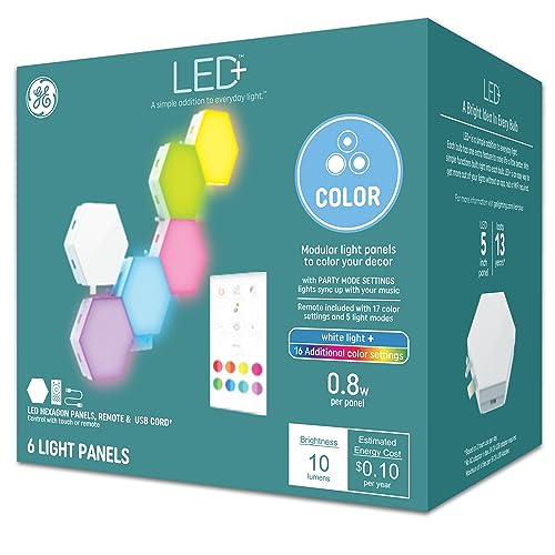 GE LED+ Color Changing LED Hexagon Tile Panels with Remote, LED Lights with No App or Wi-Fi Required, Linking Compatible (6 Pack) - Tiles