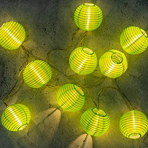 YULETIME LED Lantern String Lights Battery Operated, 10 Count Nylon Lantern 8" Spacing on 8.7' Transparent Wire (Green) - Green