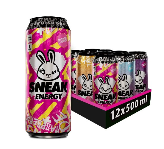 SNEAK | Cans Mixed Flavours with Raspberry Lemonade | In-Game Focus Boost Energy Drink, Zero Sugar, Low-Calorie, Vegan | 500ml x 12