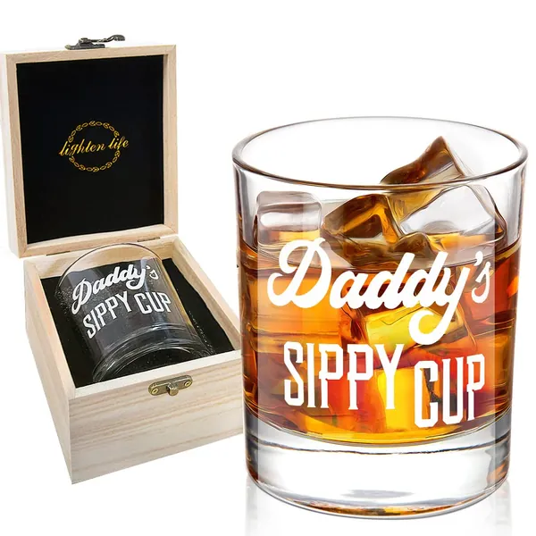 Lighten Life Daddy's Sippy Cup Whiskey Glass,Unique Dad Gift in Valued Wooden Box,Funny Gag Gift for New Dad,Father,Husband from Kids Wife for Father's Day,Birthday,12 oz Old Fashioned Glass for Men