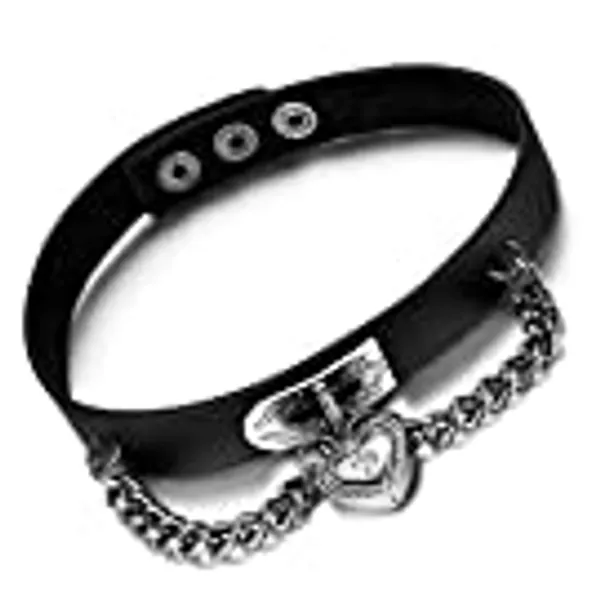 Oidea Womens Punk Gothic Love Heart Lock Pendant Leather Choker Collar Necklace for Biker
