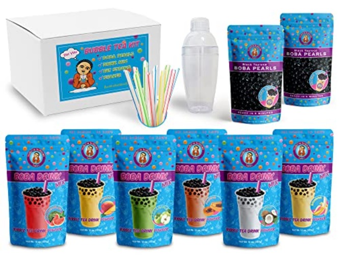 The Original Ultimate D.I.Y. Boba / Bubble Tea Kit Gift Box 6 Flavors, Boba Pearls, Straws and Shaker (FRUITY)
