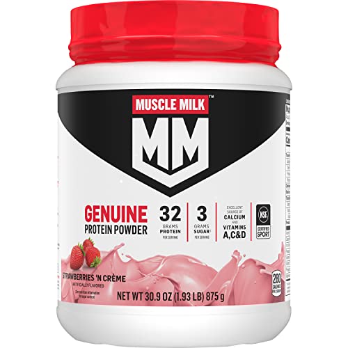 Muscle Milk Genuine Protein Powder, Strawberries ‘N Crème, 1.93 Pounds, 12 Servings, 32g Protein, 3g Sugar, Calcium, Vitamins A, C & D, NSF Certified for Sport, Energizing Snack, Packaging May Vary - Protein Supplement Powder - Strawberries 'N Crème - 12 Servings (Pack of 1)