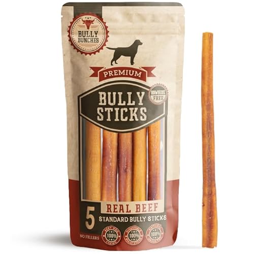 Bully Bunches Premium 12 Inch Standard Odour-Free Bully Sticks for Medium Dogs - Long Lasting Chews for Oral Care - All Natural & Single Ingredient, 100% Beef Dog Treat, Rawhide Free (5 Pk) - 12 Inch - 54 g (Pack of 5)