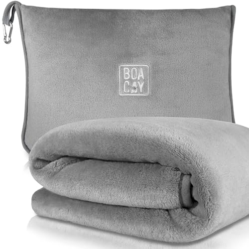 BOACAY Soft & Warm Travel Blanket for Airplane & Car - Long Flight Essential for Women, Men, Kids - Compact Pillow with Luggage Sleeve & Backpack Clip - Twin - Gray