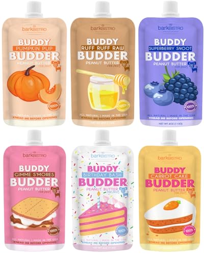 BUDDY BUDDER 6 Pack Mixed Flavor Squeeze Packs, 100% Natural Dog Peanut Butter, Healthy Peanut Butter Dog Treats, Made in USA, (4oz Packs)