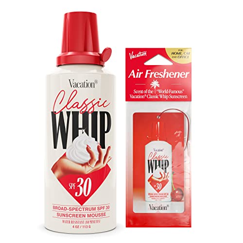 Vacation Classic Whip SPF 30 Sunscreen + Air Freshener Bundle, Whipped Sunscreen Mousse SPF 30, Moisturizer with SPF, Broad Spectrum, Water-Resistant Whipped Sunscreen, 4 Oz.