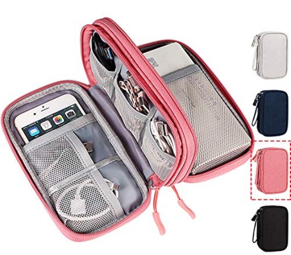 Electronic Organizer Travel USB Cable Accessories Bag/Case,Waterproof for Power Bank,Charging Cords,Chargers,Mouse ,Earphones Flash Drive - Double Layer - Pink