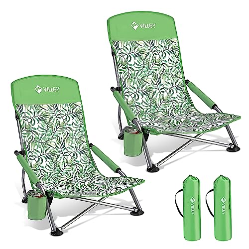 VILLEY Low Beach Chairs for Adults 2 Pack, High Back Folding Beach Chairs, Lightweight and Portable for Outdoor, Beach, Camping, Lawn, with Cup Holder and Carry Bag-Green Tropical Leaves - 2 - Green Tropical Leaves