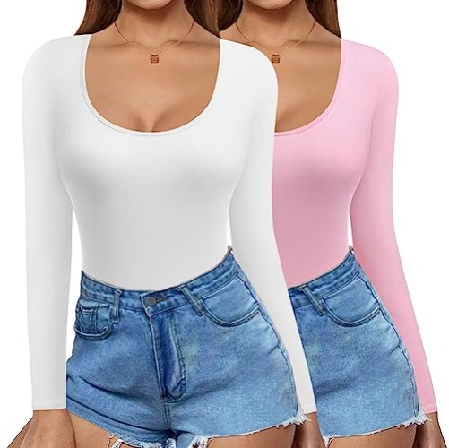 Ekouaer 2 Pack Women's Scoop Neck Tops Long Sleeve Slim Fit T Shirt Thermal Shirts Basic Tight Tee XS-XXL - Small - 2pcs-white+pink