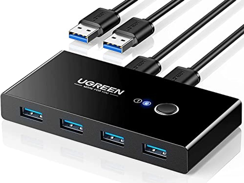 UGREEN USB 3.0 Switch 4 Port USB Switch Selector 5Gbps High-Speed Peripheral Sharing Switcher for 2 Computer Share Mouse Keyboard Compatible with Laptop Scanner Printer 2 Pack 4.92ft Cable
