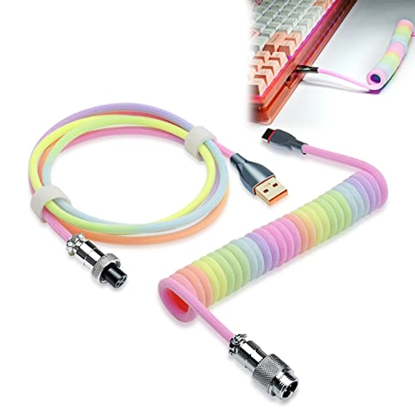 WOWLED Coiled Keyboard Cable, Pro Custom Coiled USB C Cable for Gaming Keyboard, Double-Sleeved Mechanical Keyboard Cable with Detachable Metal Aviator, 1.8M USB-C to USB-A (Rainbow)