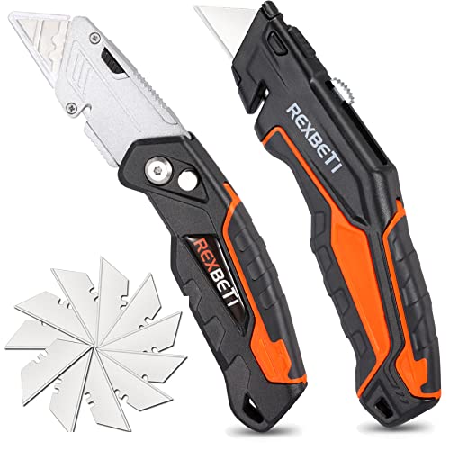 REXBETI 2-Pack Utility Knife, SK5 Heavy Duty Retractable Box Cutter for Cartons, Cardboard and Boxes, Blade Storage Design, Extra 10 Blades Included - 2 pack