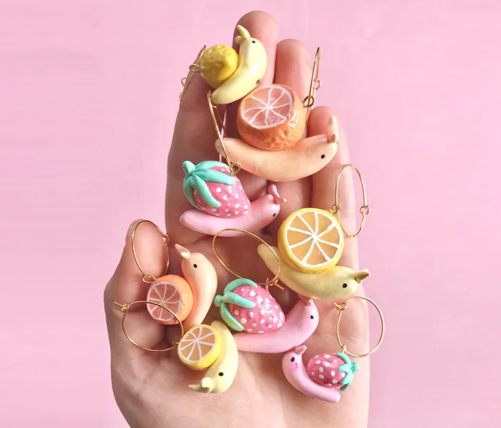 Fruit Snail Earrings/ Cottagecore earrings/ Snail Jewelry/ Quirky earring/ funky earrings/ cool earrings/ weird earrings/ strawberry snail