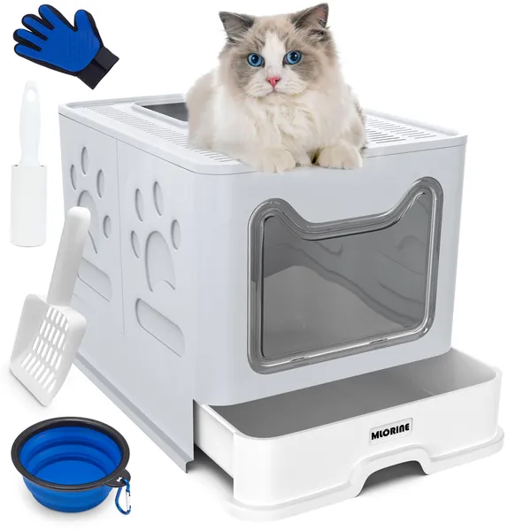 Cat Litter Box Large Pan - Foldable Top Exit Pet Boxes with Entry Lid, Plastic Cleaning Scoop,Cat Nail Clippers,Portable Cats Bowl (Grey)