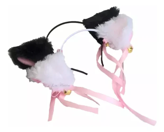 Vinchas Orejas De Gato - 1 Peluche Negro Y 1 Peluche Blanco 