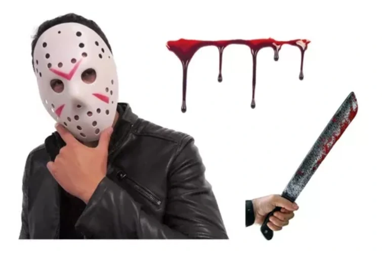 Combo Disfraz Jason Viernes 13 Careta Pvc Machete Y Sangre