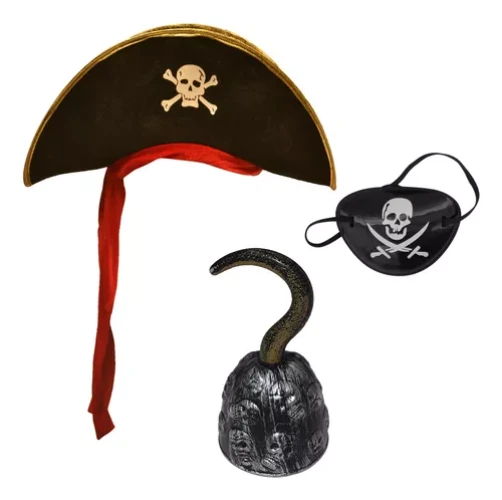 Combo Pirata Gorro Terciopelo Negro + Parche + Garfio 