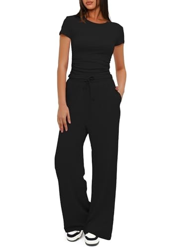 Darong Women's 2 Piece Outfits Lounge Sets Ruched Short Sleeve Tops and High Waisted Wide Leg Pants Tracksuit Sets - Black（31" Inseam） - Medium