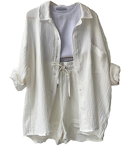 ELLENWELL Women's 2-Piece Outfit Set Lounge Tracksuit Long Sleeve Button Shirts and Shorts - Medium - White