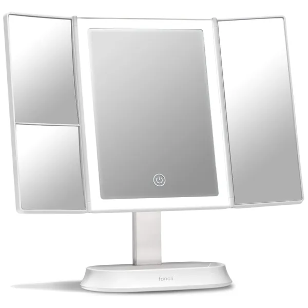 Fancii Large Makeup Mirror with Natural LED Lights, Lighted Trifold Vanity Mirror with 5x & 7x Magnifications - Dimmable Lights, Touch Screen, Cosmetic Stand - Sora (White)