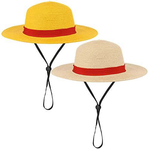 Beautyflier Womens Mens Wide Brim Straw Summer Beach Sun Hat Cosplay Straw Hat Red Ribbon Cartoon Props Hat - Beige + Yellow