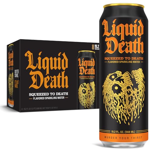 Liquid Death, Squeezed To Death Sparkling Water, Orange Flavored Sparkling Beverage Sweetened With Real Agave, Low Calorie & Low Sugar, 8-Pack (King Size 19.2oz Cans) - Squeezed to Death - Sparkling - 19.2 Fl Oz (Pack of 8)