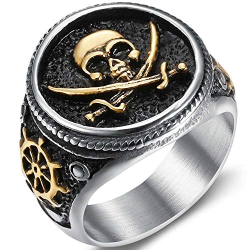 Stainless Steel Antique Vintage Skull Pirate Knife Death Halloween Cocktail Party Biker Ring - Silver Gold 13.5