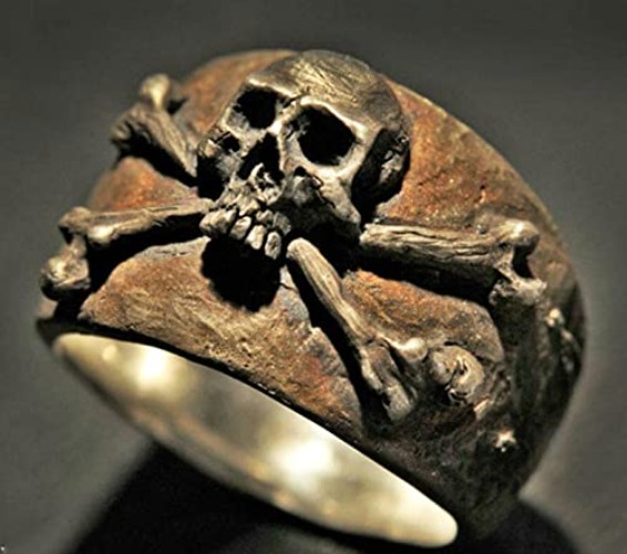 Skull and Crossbones Ring,2021 New Vintage Gothic Men 316L Stainless Steel Cross Bones Skull Ring Punk Biker Ring Pirate Jewelry Gift for Men (Gold, 13) - Gold - 13