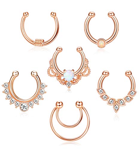 Drperfect 6Pcs Opal Fake Septum Ring for Women CZ Nose Ring Non-Pierced Clip On Nose Hoop Jewelry - Black