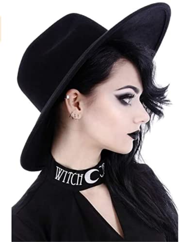 ENFUSO Gothic Nugoth Witchy Stiff Women's Fashion Accessory Black Wool Wide Brim Goth Witch Hat - Black01